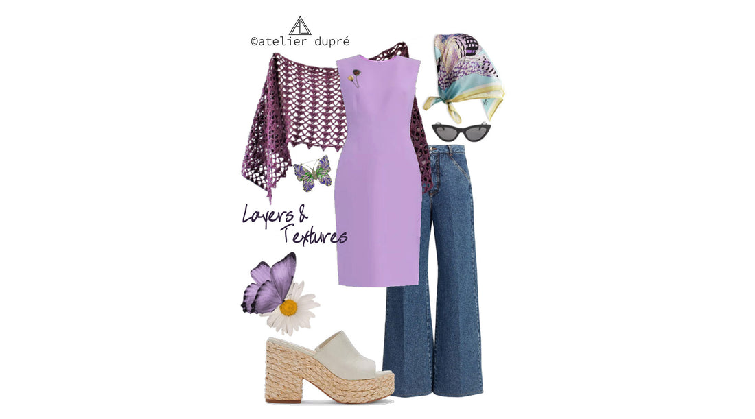 flatlay fashion: crochet shawl with sheath dress, jeans and silk headscarf