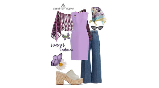 flatlay fashion: crochet shawl with sheath dress, jeans and silk headscarf