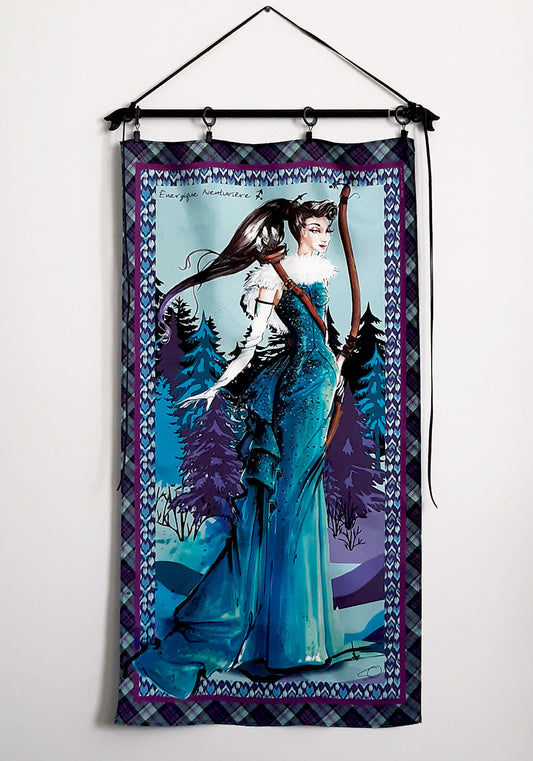 Large Wall art silk tapestry illustrating the Sagittarius silhouette in rich turquoise tones