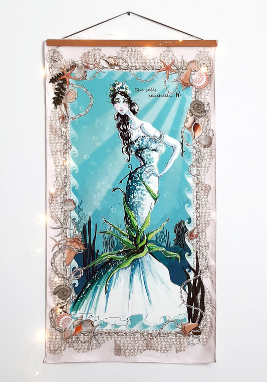 Large Wall art silk tapestry illustrating Pisces silhouette in oceanic hues and light pink