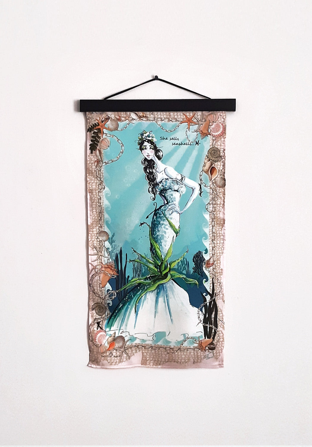 Small Wall art silk tapestry illustrating Pisces silhouette in oceanic hues and light pink