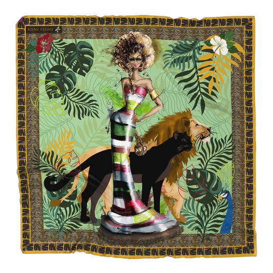 Square silk scarf illustrating the Leo silhouette and gown, in lush tropical jungle shades