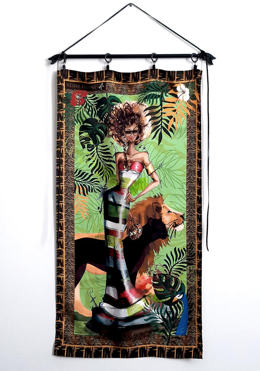 Large Wall art silk tapestry illustrating the Leo silhouette in lush tropical tones