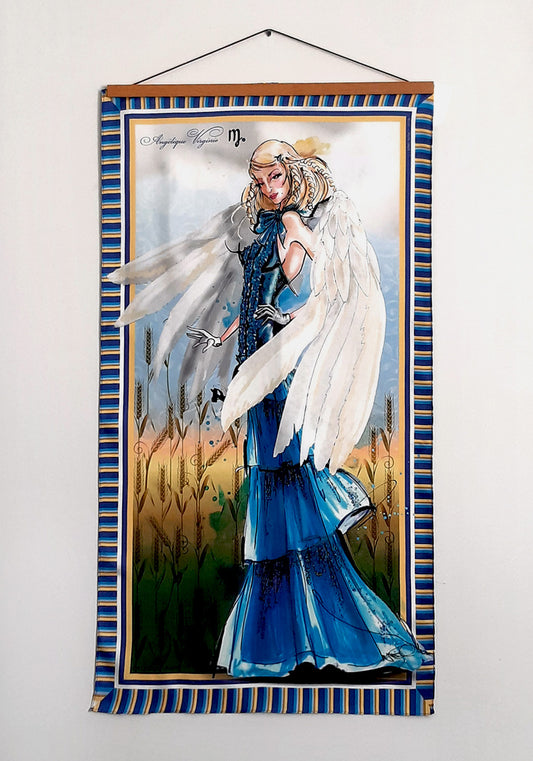 Large silk tapestry illustrating the Virgo sign silhouette in sapphire blue tones