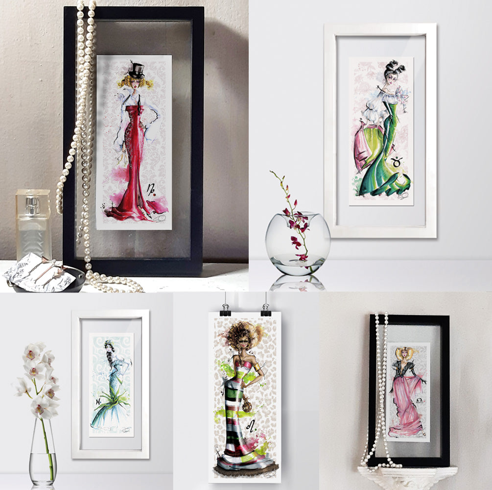 Montage of different framed Astro Gals illustrations