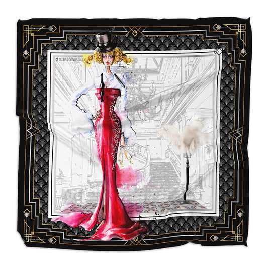 Square silk scarf illustrating the Capricorn silhouette and gown in black, white and red