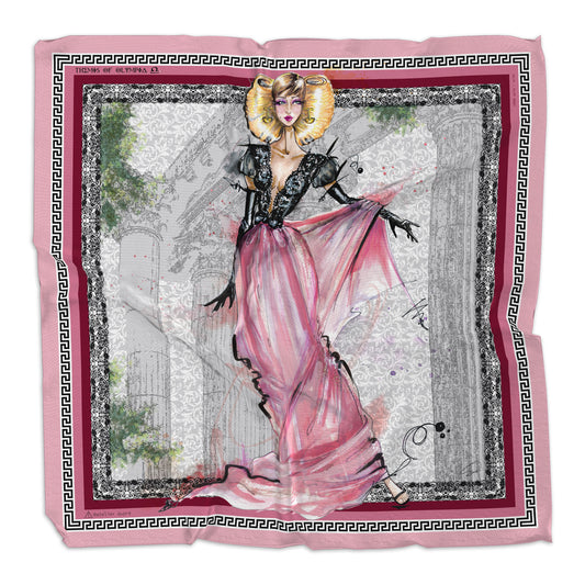 silk scarf illustrating the Libra silhouette and gown, in black, white and pink
