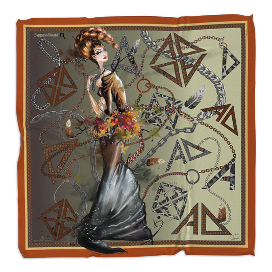 Square silk scarf illustrating the Scorpio silhouette and gown, in  earth tones with equestrian pattern
