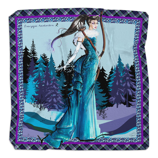 Square silk scarf illustrating the Sagittarius silhouette and gown, in blue topaz hues