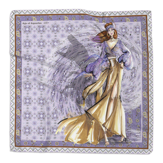 Square silk scarf illustrating the Aquarius silhouette and gown in lilac hues