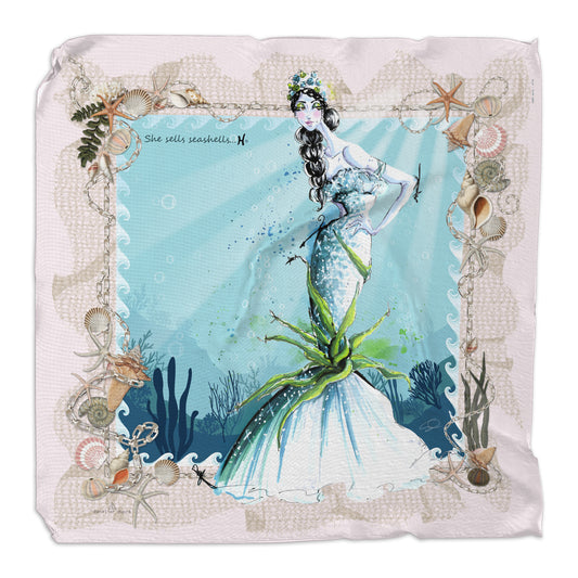 Square silk scarf illustrating the Pisces silhouette and gown, in aquamarine tones and light pink