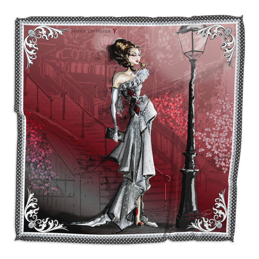 Square silk scarf illustrating the Aries silhouette in a Paris night scene, in red and dark grey tones