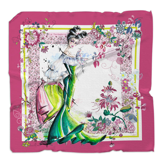 Zodiac Square silk scarf illustrating the Taurus silhouette and gown in emerald green and bold pinks