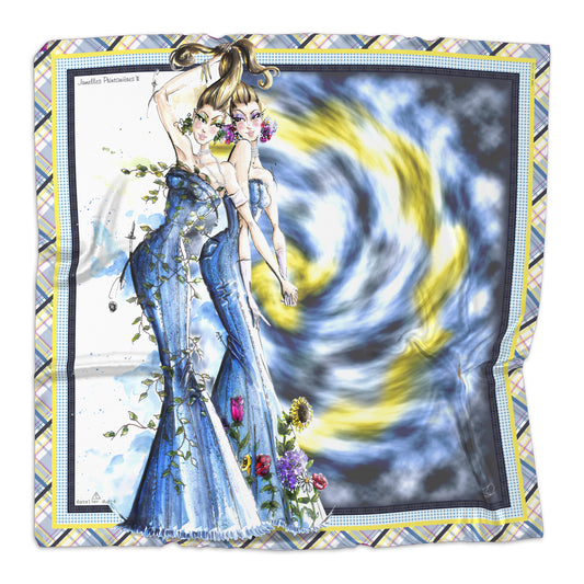 Square silk scarf illustrating the Gemini silhouette and gown, in shades of blue, denim and yellow