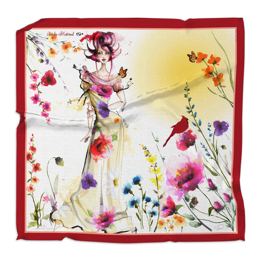 Square silk scarf illustrating the Cancer silhouette and gown, in white, red, yellow and bold watercolor florals