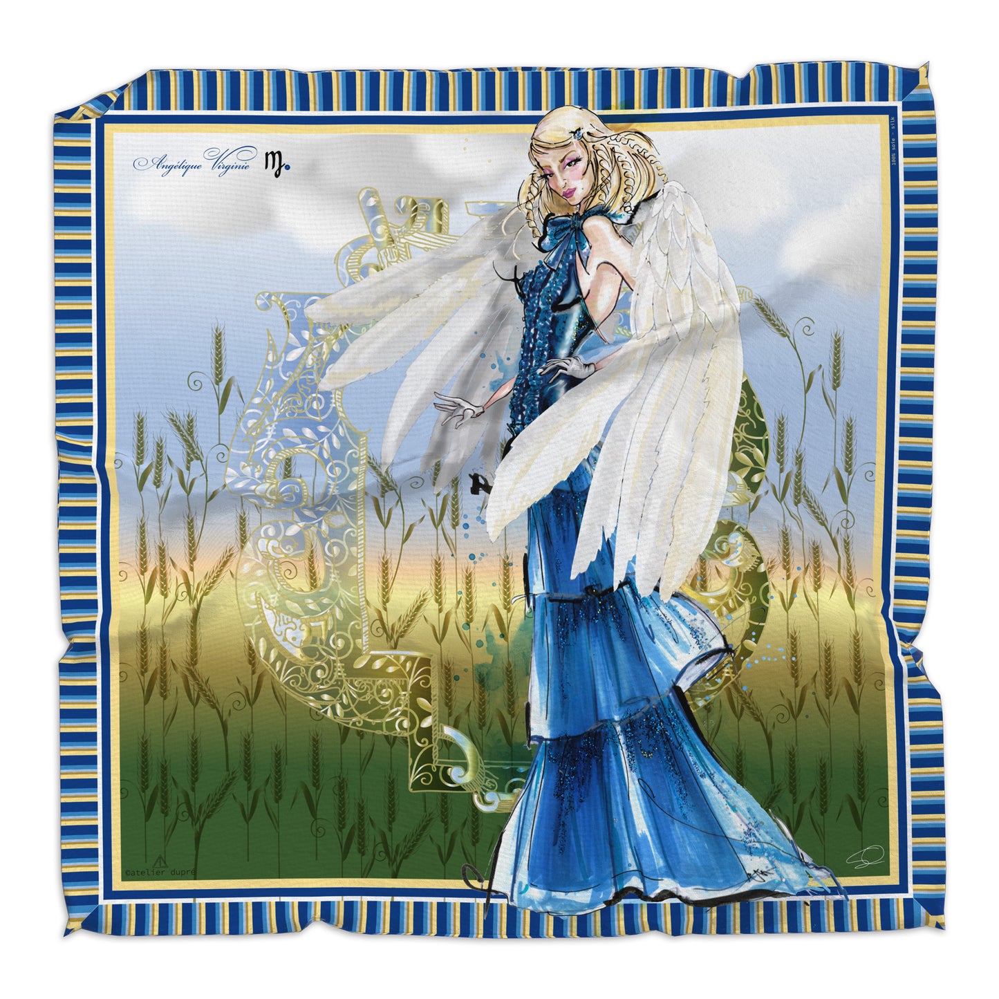 Square silk scarf illustrating the Virgo silhouette and gown, in sapphire blue and white
