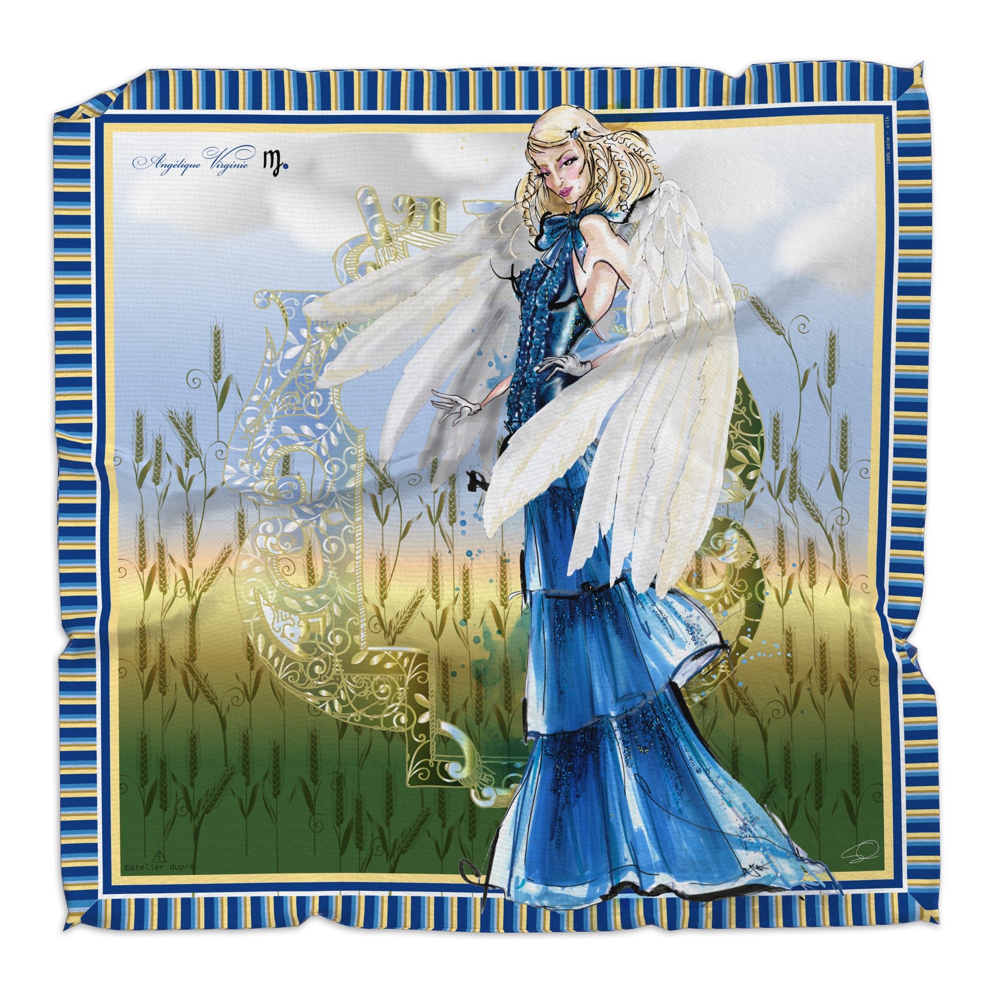 Square silk scarf illustrating the Virgo silhouette and gown, in sapphire blue and white