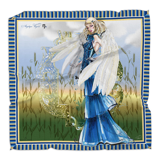Square silk scarf illustrating the Virgo silhouette and gown, in sapphire blue and white 