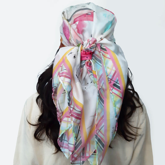 back view of Silk scarf beach essentials worn as a headscarf