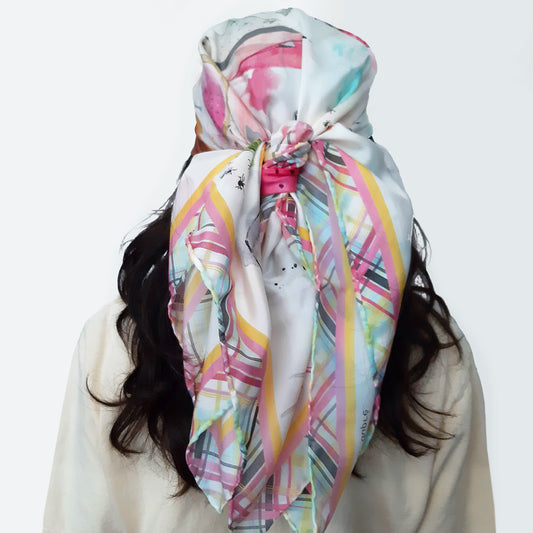 back view of Silk scarf beach essentials worn as a headscarf 