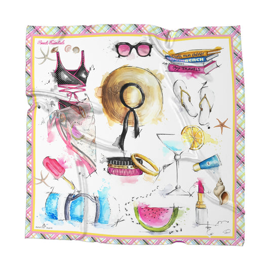 Sizzling Square Silk Scarf in watercolors illustrating beach essentials