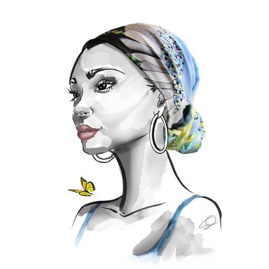 Fashion illustration woman with a silk headscarf bun