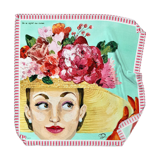Retro look silk scarf of woman wearing a big floral hat