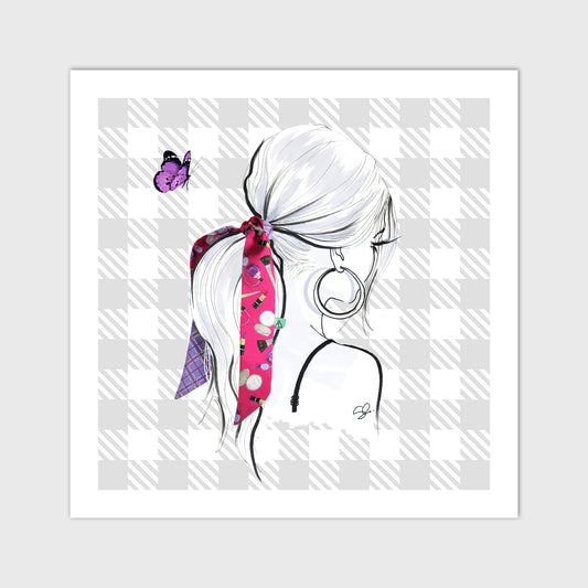 square fashion illustration of silk twilly Poupouning tied on ponytail back view