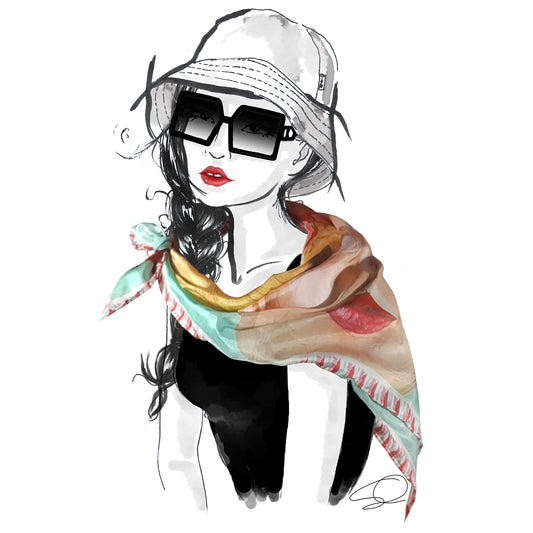 fashion illustration of woman with bucket hat, big sunglasses and wearing a scarf on her shoulders
