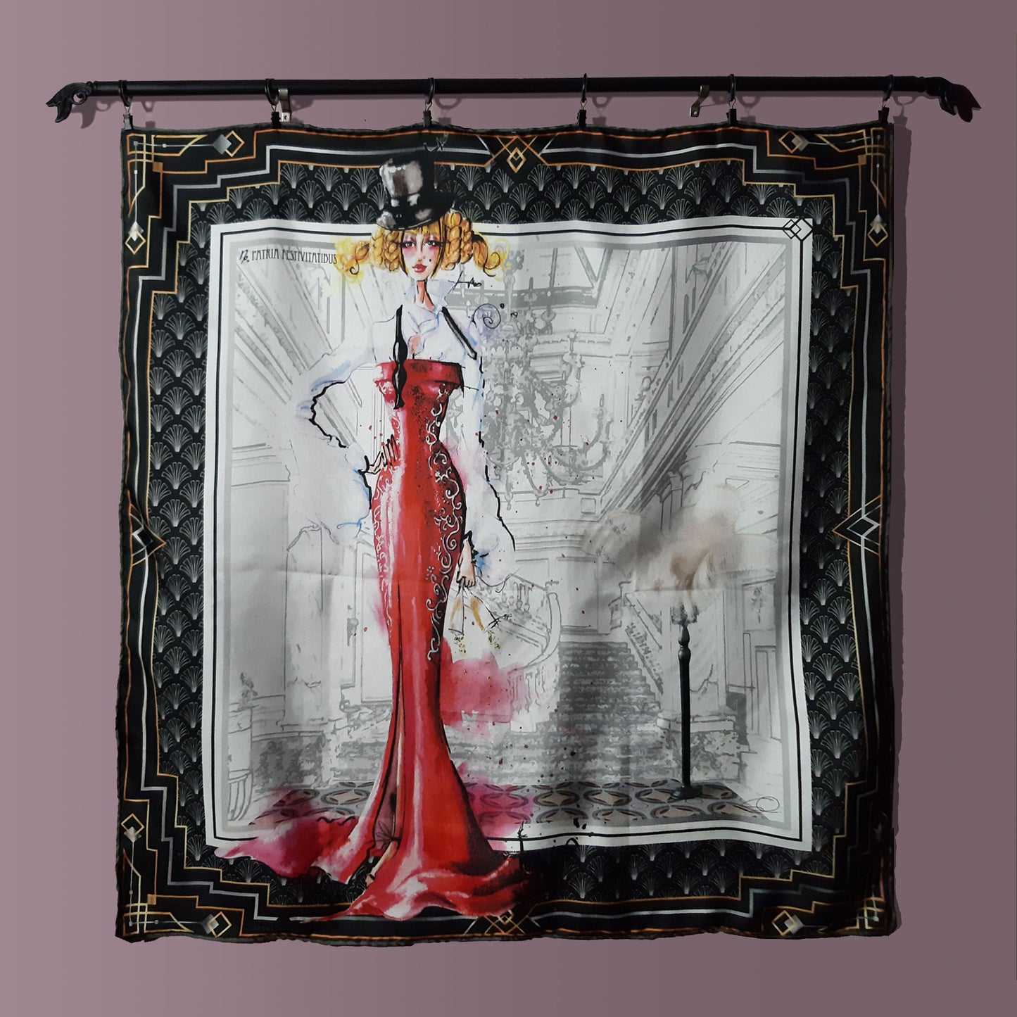 Capricorn zodiac silk scarf hanging on a pole as wall decoration