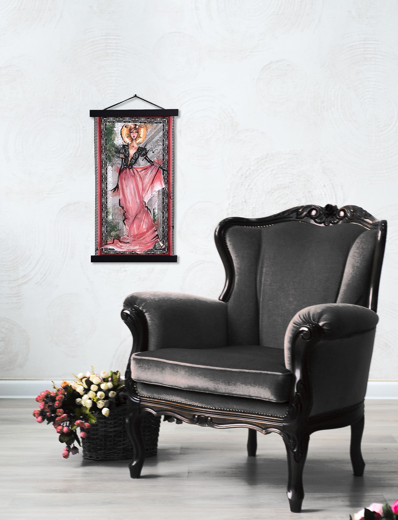 Small Silk tapestry art shown in a vintage black and white home décor