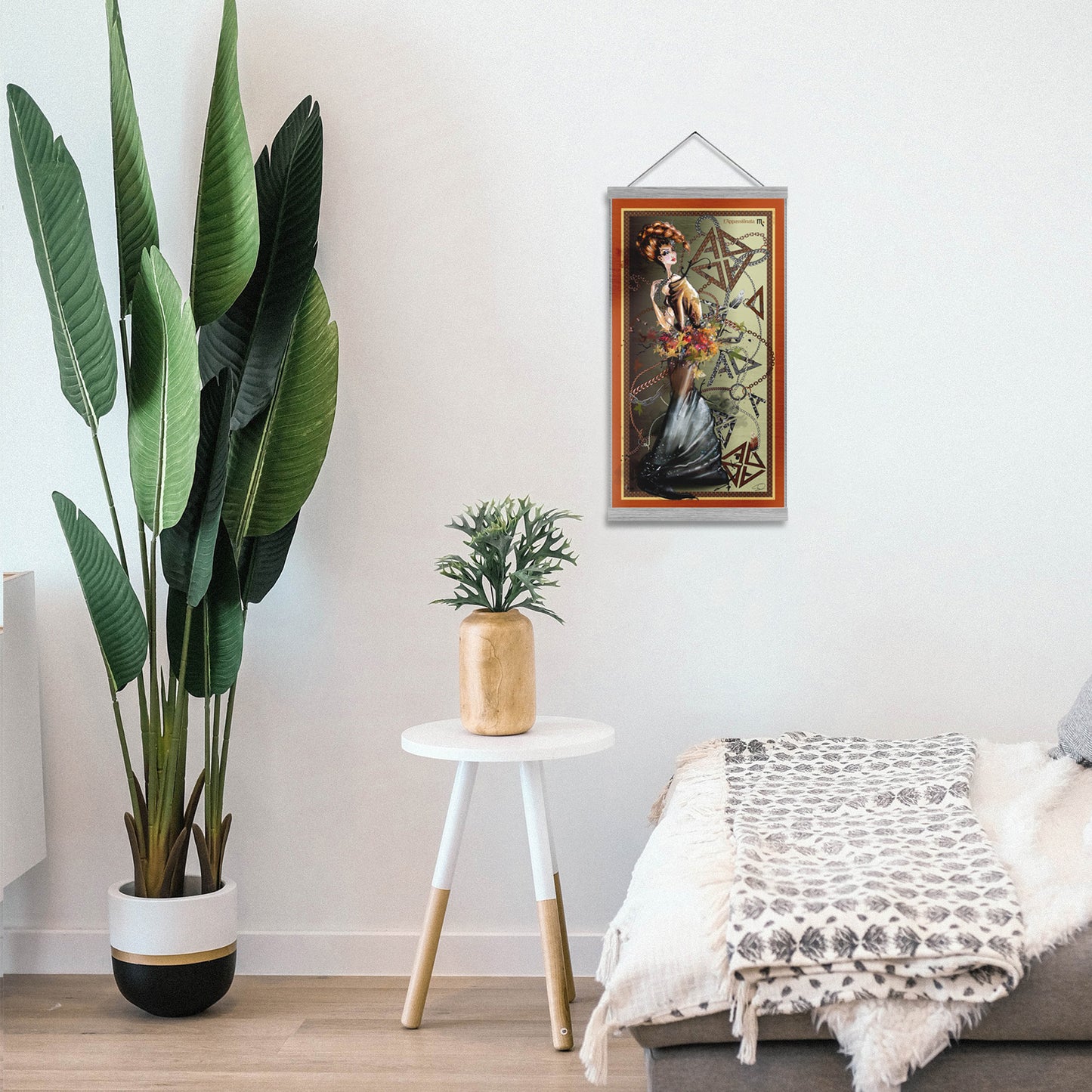 Small Scorpio silk tapestry in a minimalist tropical decor