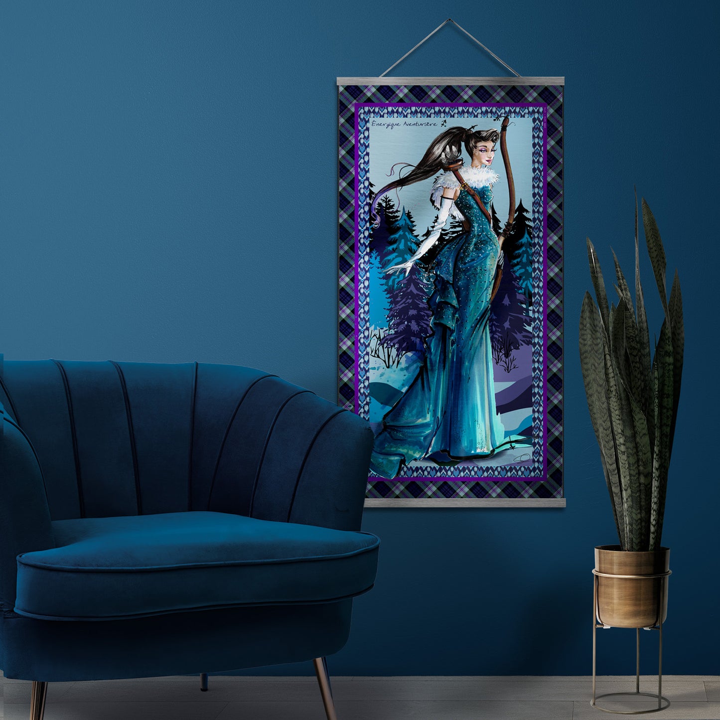 Large Silk tapestry shown in a teal minimalist home décor