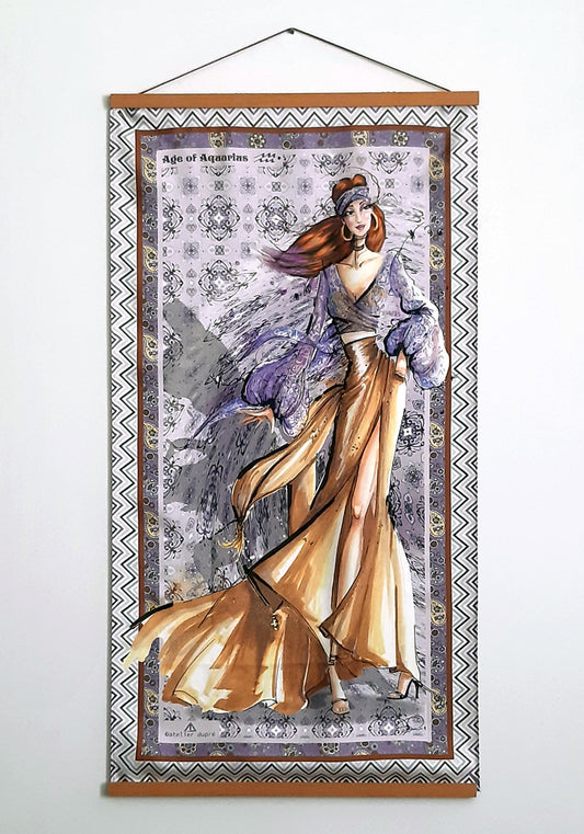 Large Wall art silk tapestry illustrating Aquarius silhouette in pastel lilac tones