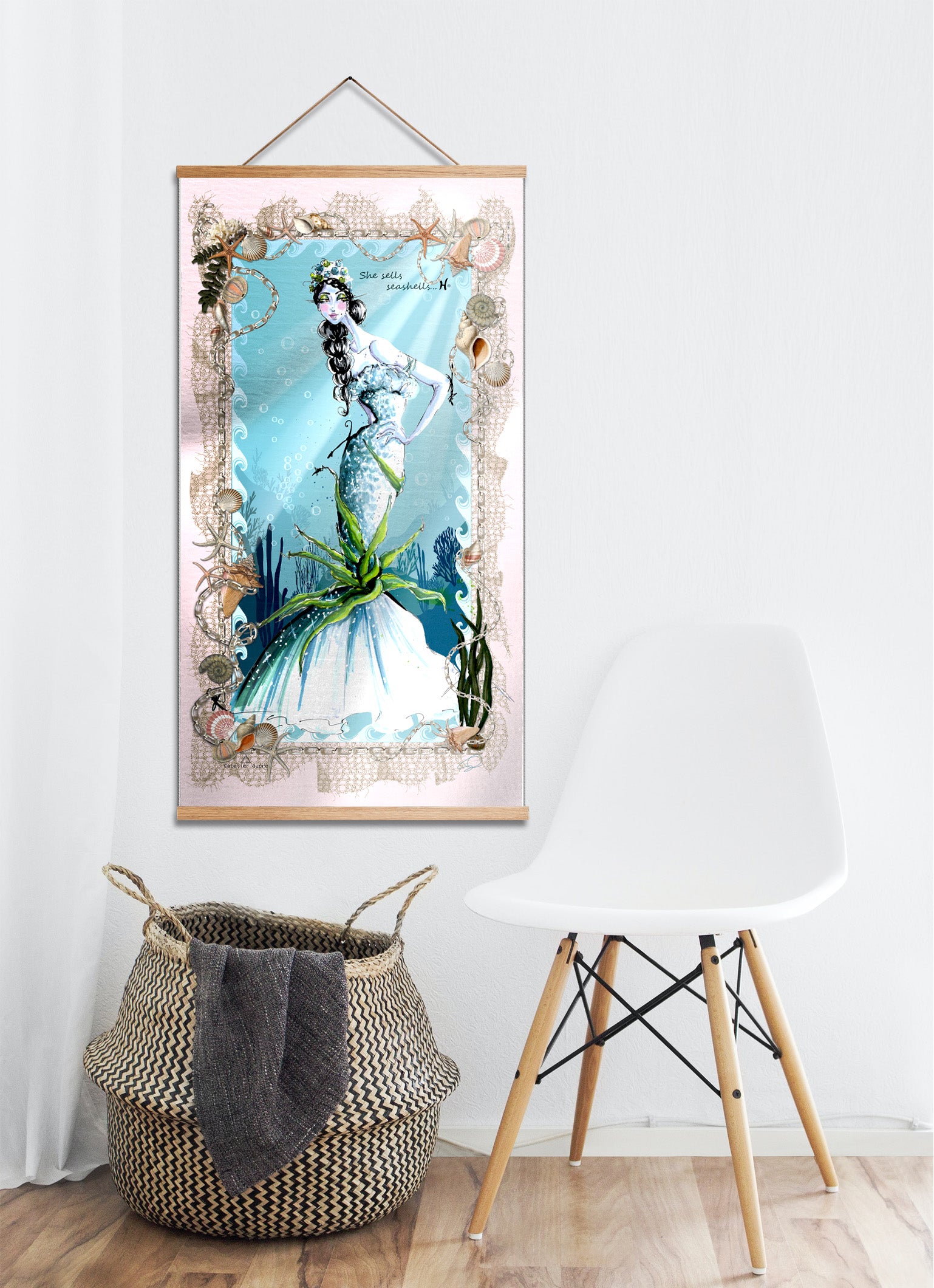 Large Pisces Silk wall art shown in minimalist home decor