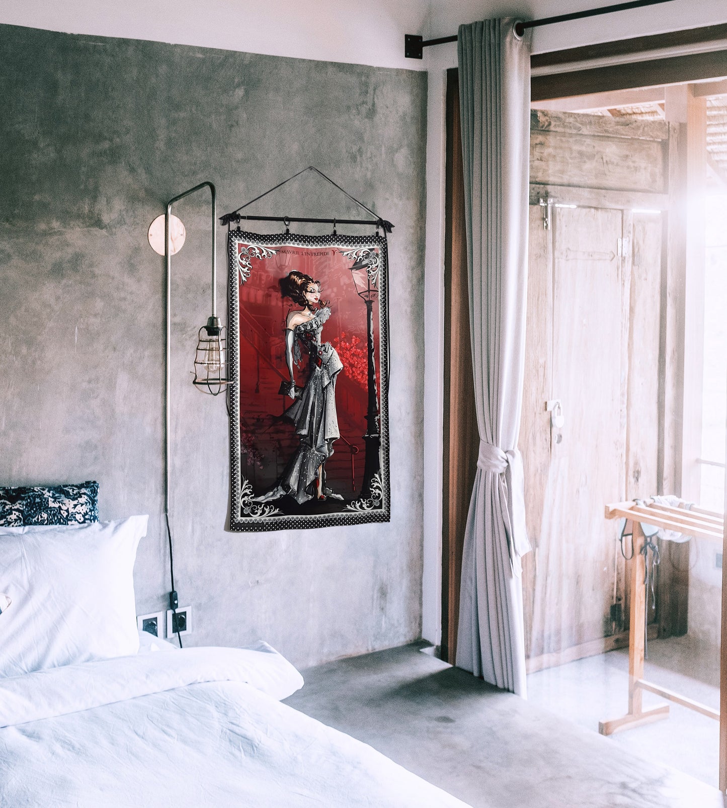 wall art shown in an industrial look bedroom home décor