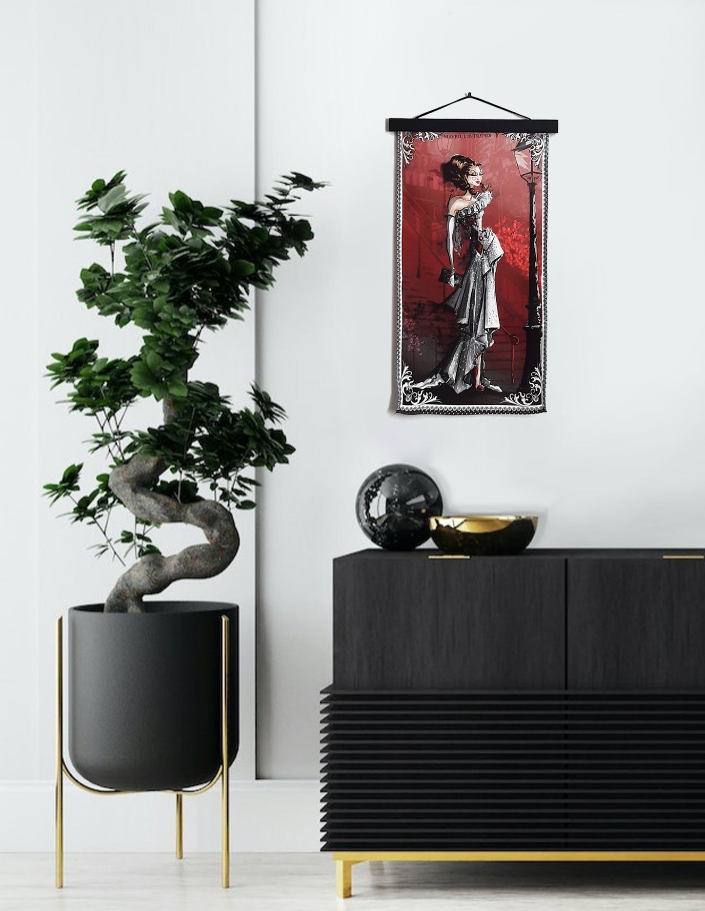 Small Aries tapestry hanging in a modern black and white decor