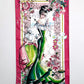 Large Wall art silk tapestry illustrating the Taurus silhouette in bold pink and green colors including flowers