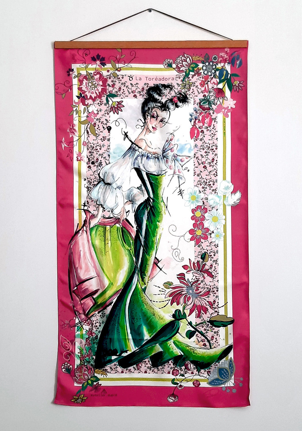 Large Wall art silk tapestry illustrating the Taurus silhouette in bold pink and green colors including flowers