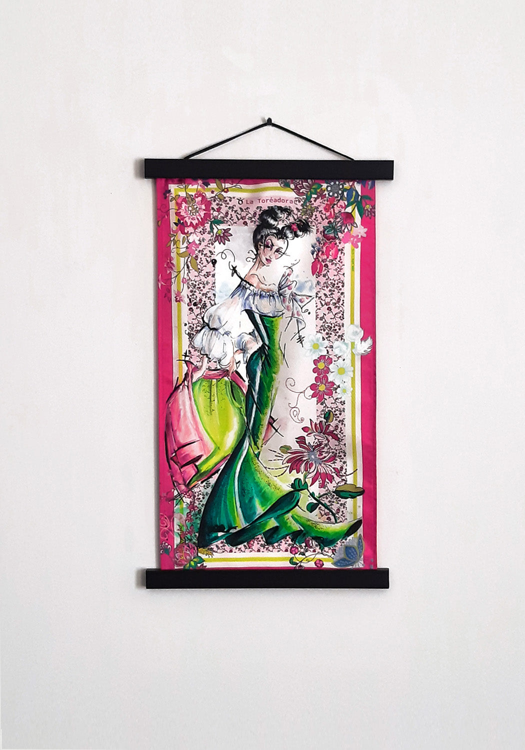 Small Wall art silk tapestry illustrating the Taurus silhouette in bold pink and green colors including