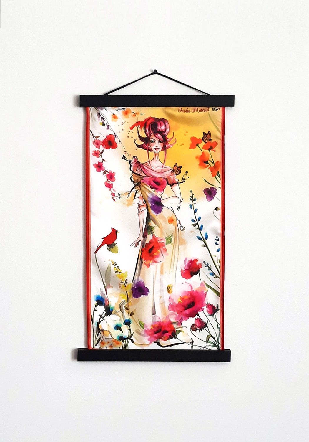 Small silk tapestry illustrating the Cancer silhouette in bright summer hues