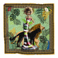 Square silk scarf illustrating the Leo silhouette and gown, in lush tropical jungle shades