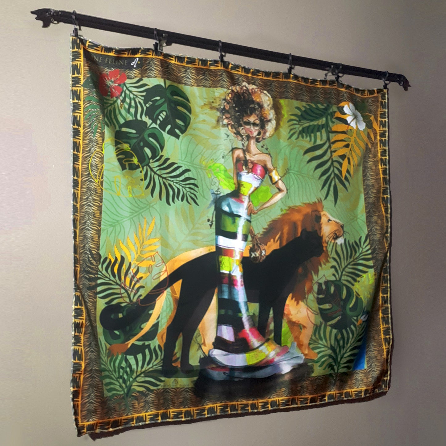 silk scarf Leo zodiac sign hanging as wall art on a pole