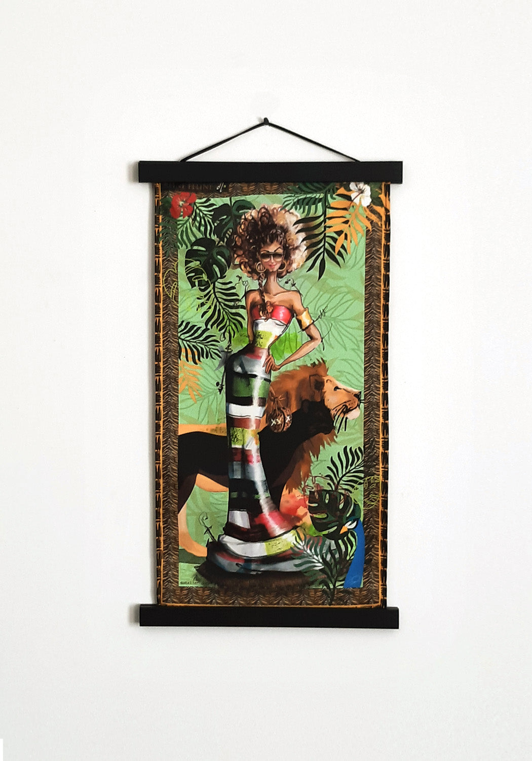 Small Wall art silk tapestry illustrating the Leo silhouette in lush tropical tones