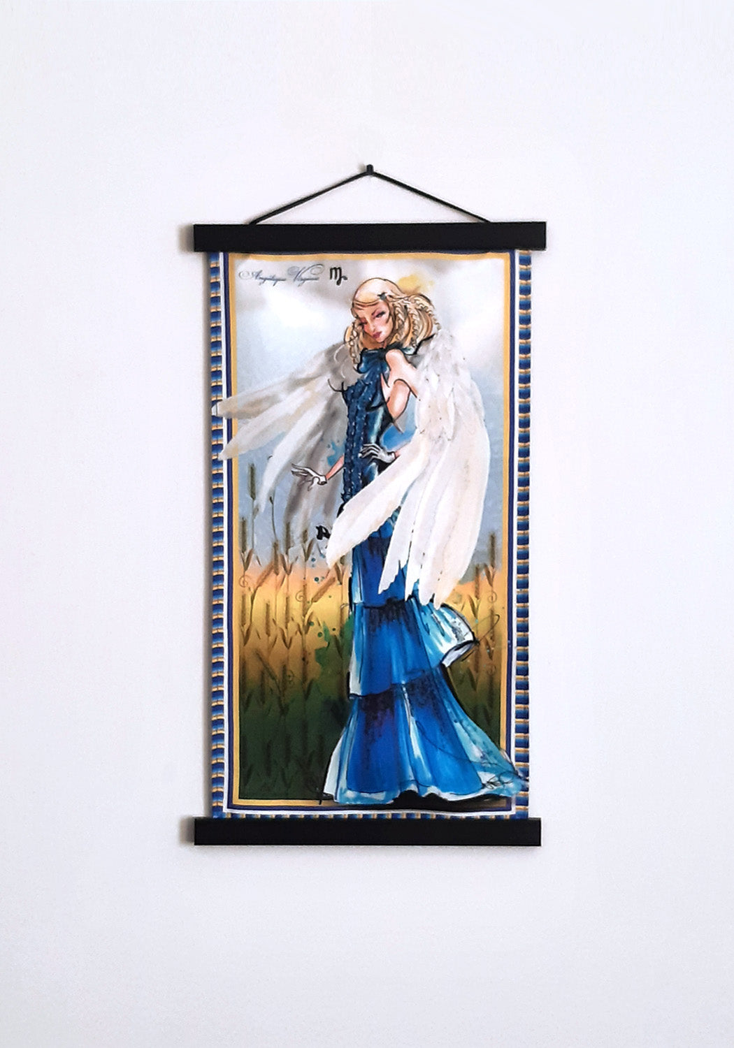 small silk tapestry illustrating the Virgo sign silhouette in sapphire blue tones