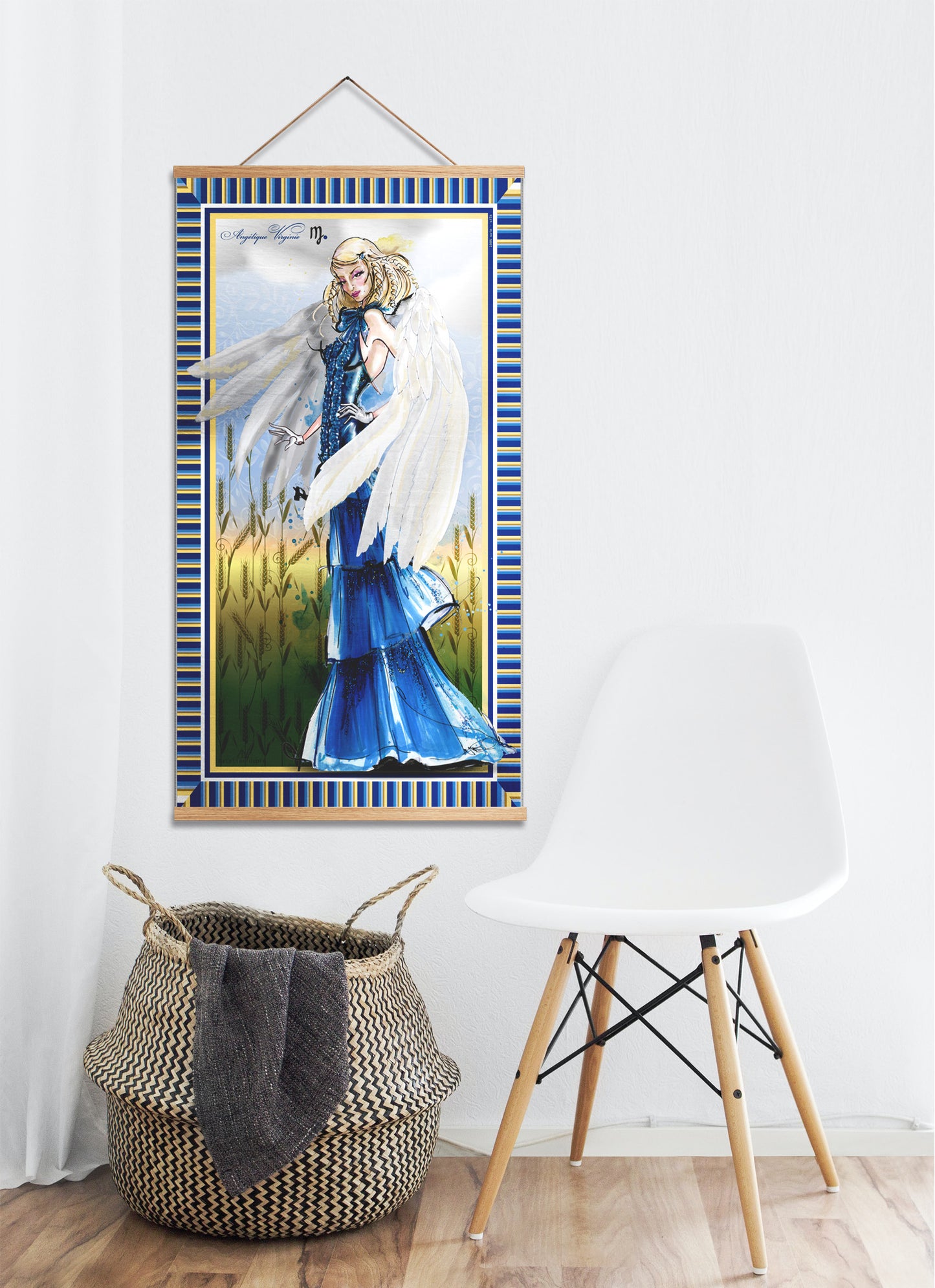 Large Virgo wall art shown in minimalist home décor