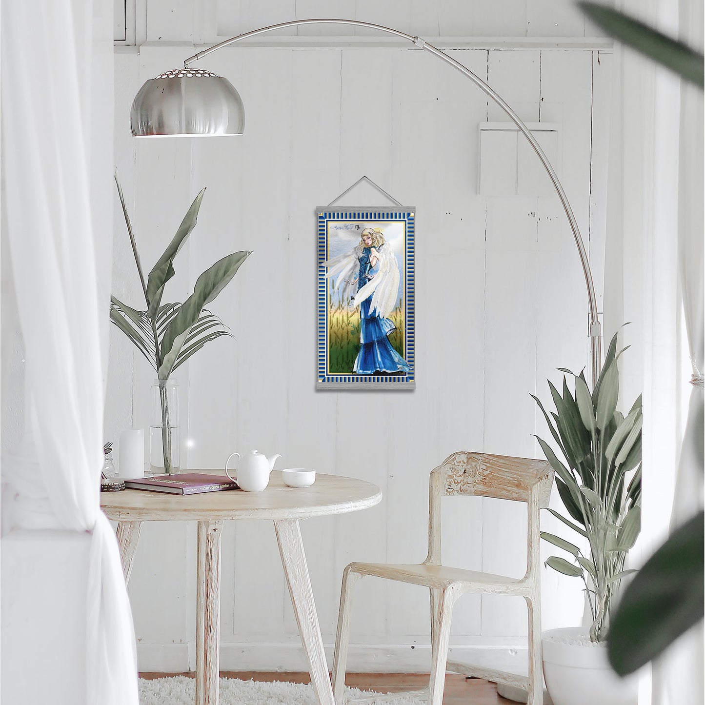 Smaller Virgo silk wall art shown in a white minimalist home interior