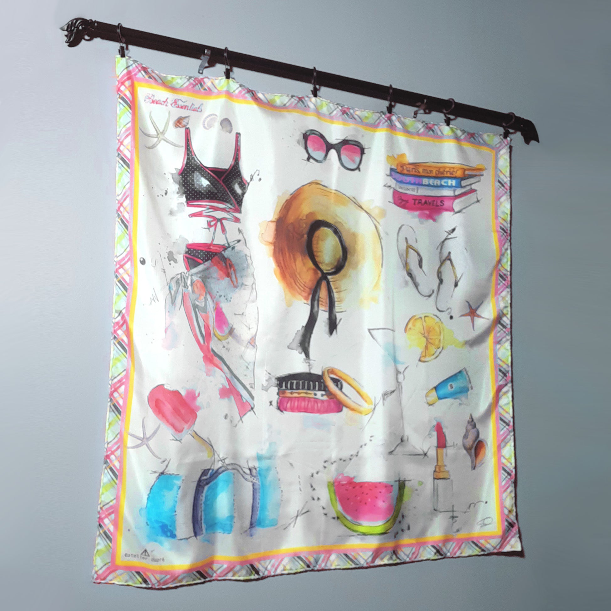 beach theme silk scarf hanging on a pole as wall decoration