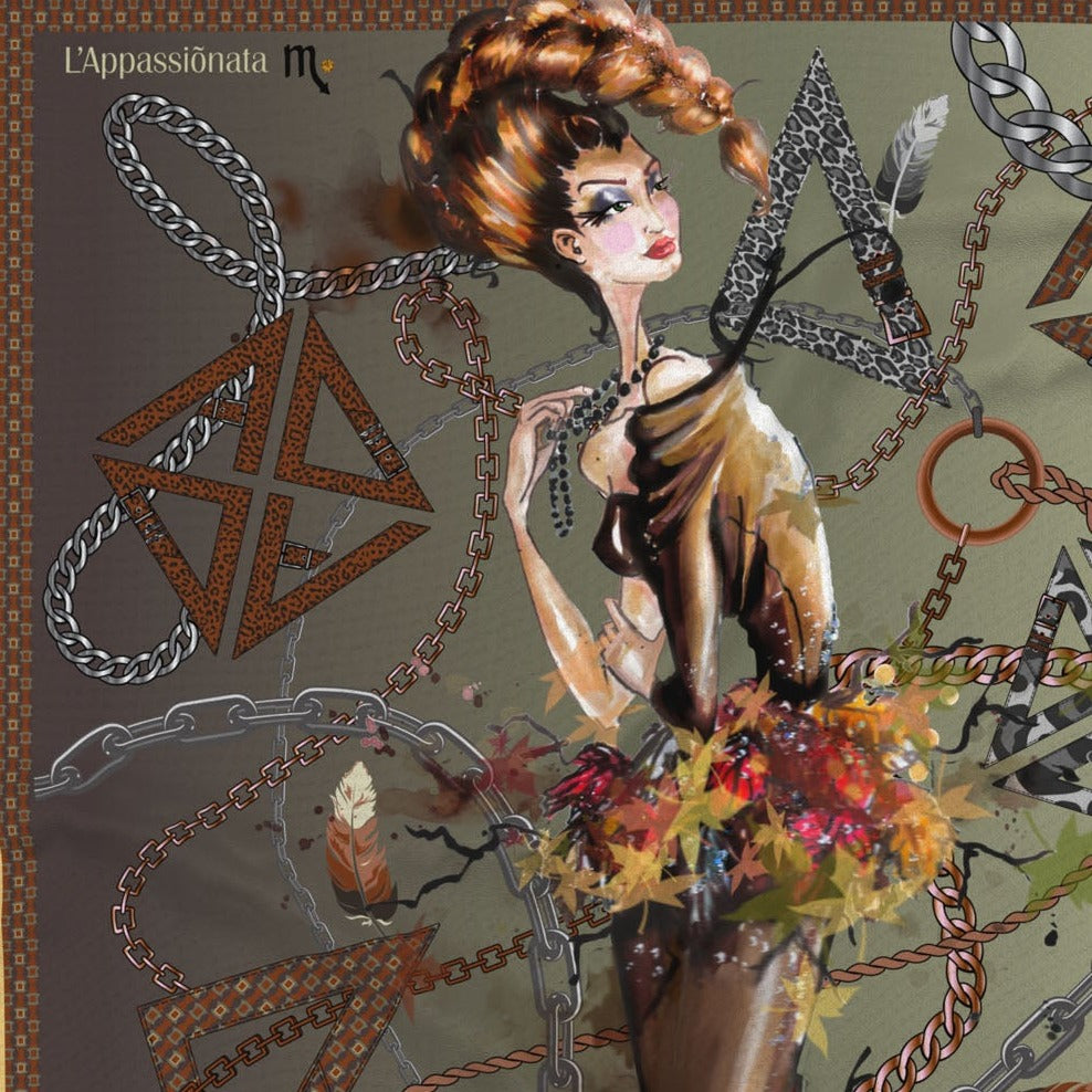 Zoom on the Scorpio silk scarf artwork