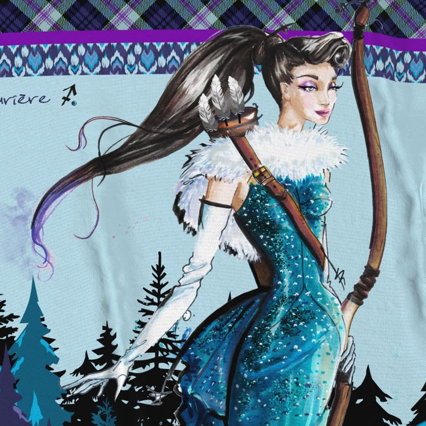 Zoom on the Sagittarius silk scarf artwork